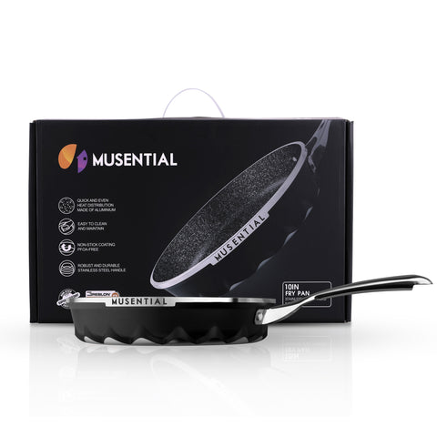 MUSENTIAL 10" Inch Aluminum Non-stick Frying Pan with Tempered Glass Lid (Black)