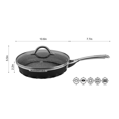 MUSENTIAL 10" Inch Aluminum Non-stick Frying Pan with Tempered Glass Lid (Black)