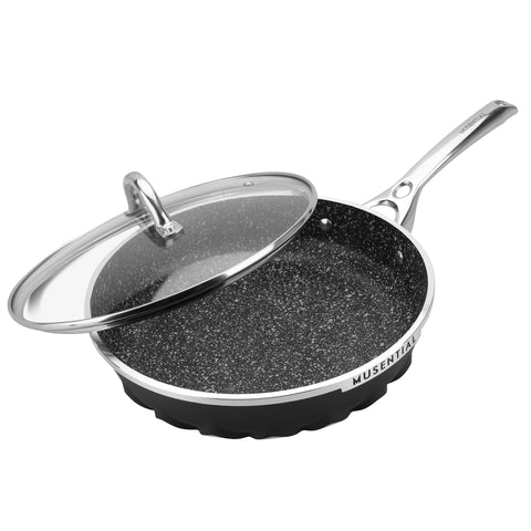 MUSENTIAL 10" Inch Aluminum Non-stick Frying Pan with Tempered Glass Lid (Black)
