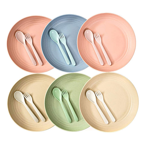 MUSENTIAL 10" Inch Wheat Straw Set (6 Dinner Plates / Spoons & Forks)